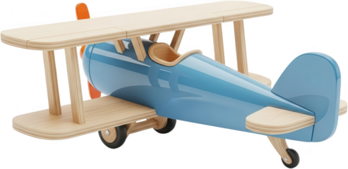 A classic wooden biplane toy with a shiny blue fuselage light wood wings and an orange propeller rendered in a realistic style airplane vintage retro aviation flight childhood transparent background