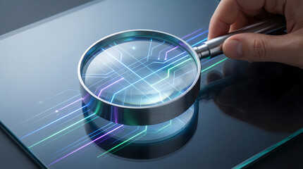 Magnifying glass held over a digital tablet screen displaying glowing circuit lines, symbolizing technology analysis, cybersecurity, and digital investigation