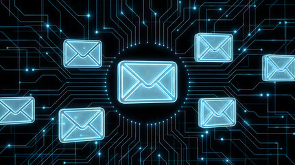 Glowing digital envelope icons represent email communication interconnected by circuit-like lines on a dark background, symbolizing electronic messaging and data exchange