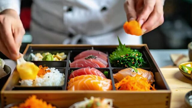 Chef preparing fresh Japanese bento box with sushi and sashimi