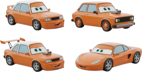 Four anthropomorphic orange cartoon cars with expressive eyes and smiling mouths showcasing diverse automotive designs and racing modifications vehicle automobile transport transparent background