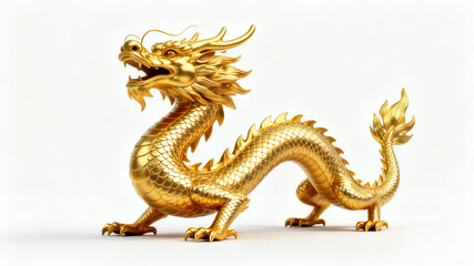 Fototapeta premium Majestic golden Chinese dragon statue isolated on white background. 