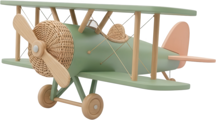 A charming pastel green and peach biplane toy with a woven propeller hub and natural wood accents featuring a vintage aesthetic airplane retro aviation childhood playful cute transparent background