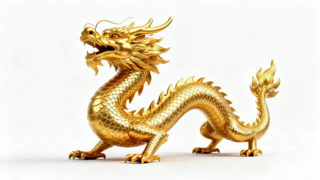 Majestic golden Chinese dragon statue isolated on white background. 