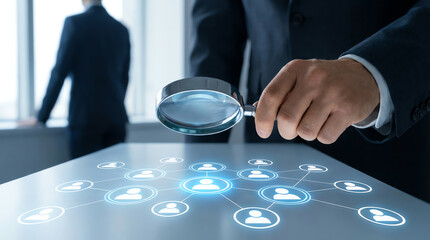 Businessman holding a magnifying glass over a digital network of user icons, symbolizing recruitment, talent search, or social network analysis in a professional office setting