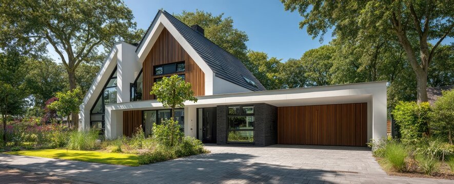 A modern house with a wooden facade, carport, and a lush garden in front