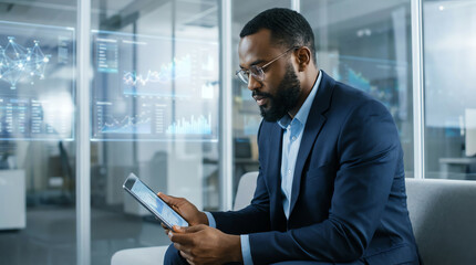 A businessman in a suit and glasses uses a tablet in a modern office, analyzing digital graphs and data visualizations displayed on transparent screens