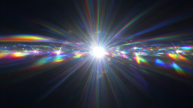 Bright lens flare with a burst of light and colorful rays