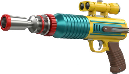Retro futuristic ray gun with yellow body turquoise barrel silver muzzle red accents and a brown grip featuring dual scope sci fi weapon gadget toy vintage science fiction transparent background