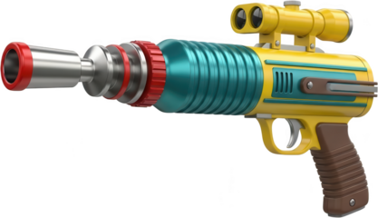 Retro futuristic ray gun with yellow body turquoise barrel silver muzzle red accents and a brown grip featuring dual scope sci fi weapon gadget toy vintage science fiction transparent background