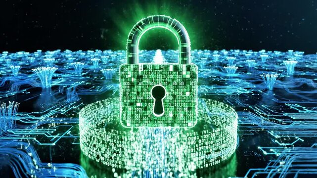 A stylized green microchip rises from a futuristic blue circuit board against a dark background with glowing lines and dots