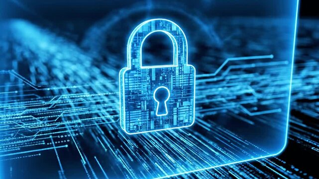 A glowing blue digital padlock with a circuit board background and bright lines radiating from it, representing virtual security
