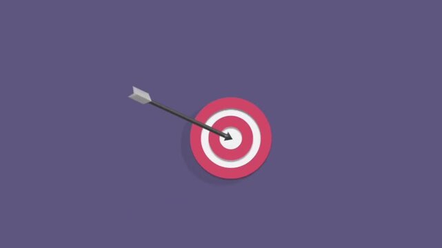 Flat design target with an arrow hitting the center on a purple background, symbolizing focus, goal achievement, accuracy, success, and strategic planning.