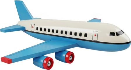 A detailed 3D render of a toy airplane with blue wings white fuselage and red engine accents showcasing a playful and whimsical design aircraft travel transport kid children transparent background