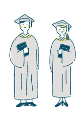 アカデミックガウンを着て立つ男女のイラスト