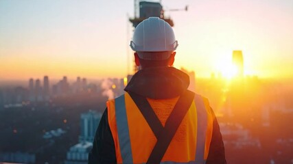 Construction worker overlooking city skyline at sunset with new building