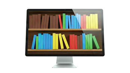Computer monitor displaying a bookshelf filled with colorful books