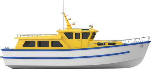A bright yellow cabin cruiser with a white hull and blue trim featuring dark windows a railing and a mast with antennas presented in profile view boat yacht vessel transport transparent background