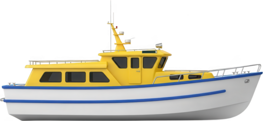 A bright yellow cabin cruiser with a white hull and blue trim featuring dark windows a railing and a mast with antennas presented in profile view boat yacht vessel transport transparent background