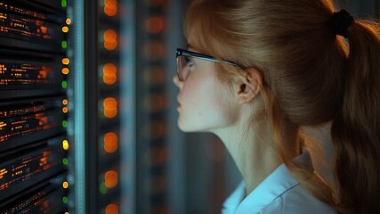 Cybersecurity Expert Inspecting Server: A focused cybersecurity expert, clad in professional attire, meticulously examines a server. - Powered by Adobe