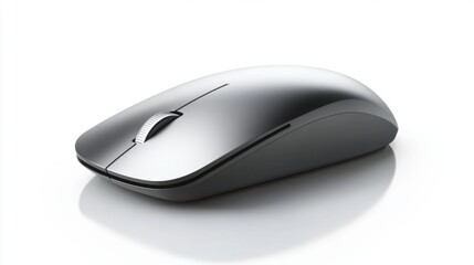 Metallic silver wireless bluetooth mouse angled on white surface