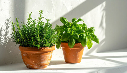 Fresh herbs on off-white background