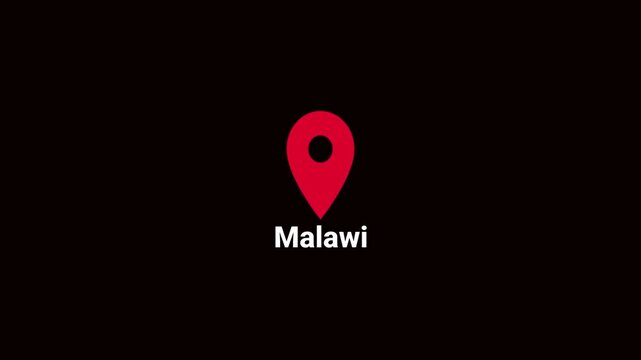 Abstract Malawi map location pin animation. Country location pin pointer icon animated on black background, GPS location tracking animation. 4K video	
