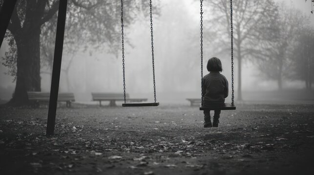 A lone child sits on a swing in a foggy park.  Silhouette of a young boy or girl, back to the camera,  