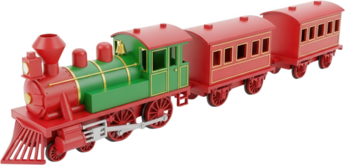 A classic toy train with a red engine and matching red passenger cars featuring a green middle section and gold trim details locomotive carriage railroad transportation vintage transparent background