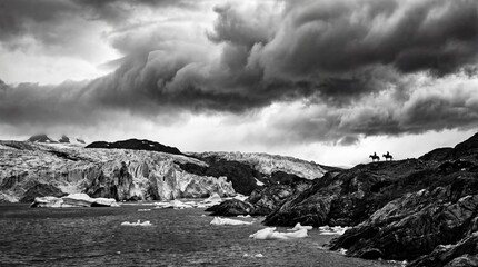 Dramatic Glacier Landscape with Horse Riders under Stormy Skies