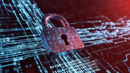 A blue padlock made of pixels sits on a futuristic digital background with lines and binary code - Powered by Adobe