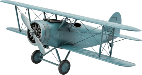 Vintage blue biplane with two sets of wings a propeller and two visible wheels resembling a classic aircraft model airplane retro transport aviation freedom nostalgia travel transparent background