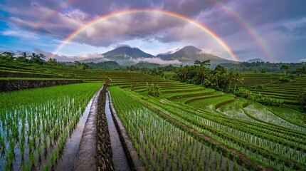 Double Rainbow Over Verdant Rice Terraces and Majestic Mountains