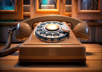 Retro Rotary Telephone On Desk With Warm Light And Vintage Interior
