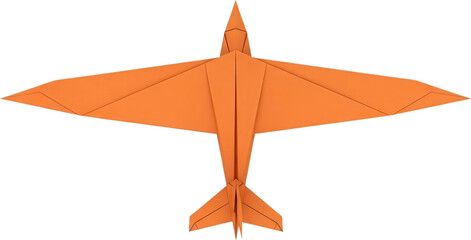 A precisely folded orange paper airplane design presented from a top down perspective showcasing its aerodynamic form and intricate creases origami toy flight aviation craft transparent background
