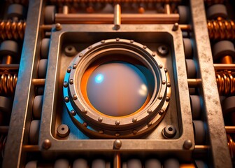 Retro Camera Lens Close Up In Vintage Industrial Electronics Housing