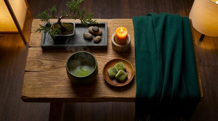 Zen Matcha Moment: Tea, Bonsai & Tranquil Evening