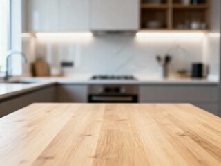 Empty Wooden Kitchen Countertop with Modern Blurred Background