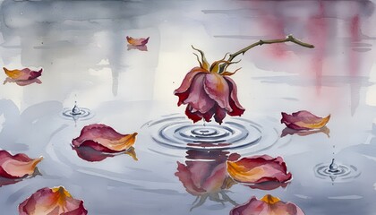 Fading Rose Watercolor: Raindrops and Petals on Water