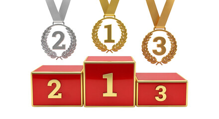 3D render of a glossy red and gold winners podium with gold, silver, and bronze-colored medals for first, second, and third place achievement, isolated on transparent background.