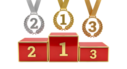 3D render of a glossy red and gold winners podium with gold, silver, and bronze-colored medals for first, second, and third place achievement, isolated on transparent background.