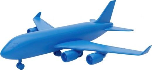 A simplified bright blue 3D render of a commercial passenger jet airplane viewed from its side with detailed engines wings and tail aircraft airliner travel transport aviation transparent background