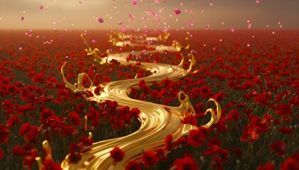 Golden Path Through Vibrant Poppy Field with Falling Petals