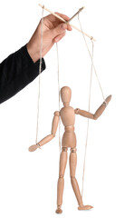 Hand of puppeteer manipulating marionette on white background