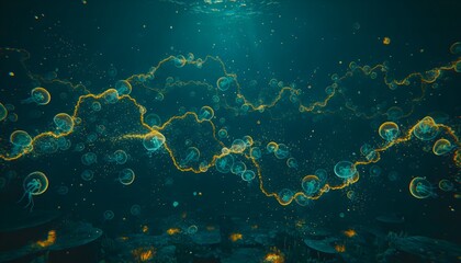 Mystical Bioluminescent Jellyfish Swarm in Deep Blue Ocean