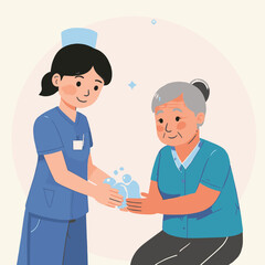Fototapeta premium Young Caregiver Assisting Elderly Senior Care Home Professional Healthcare Worker Supporting Aged Patient Nursing Home Care Service Illustration Elderly Concept Vector
