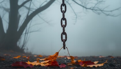 Misty Autumn Morning: Rusty Chain, Water Drops, Fallen Leaves