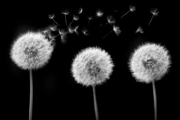 Obraz premium Three dandelion seed heads, with seeds blowing away, against a stark black background