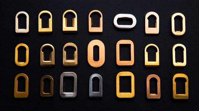 hasp. Assortment of brass and stainless steel hasps arranged geometrically on a dark surface. real-estate listings.