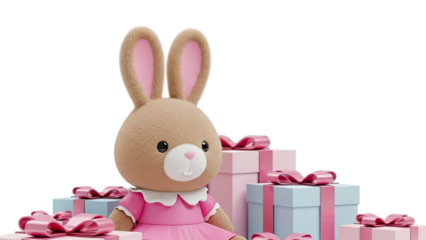 Fluffy Bunny in Pink Dress Surrounded by Gifts